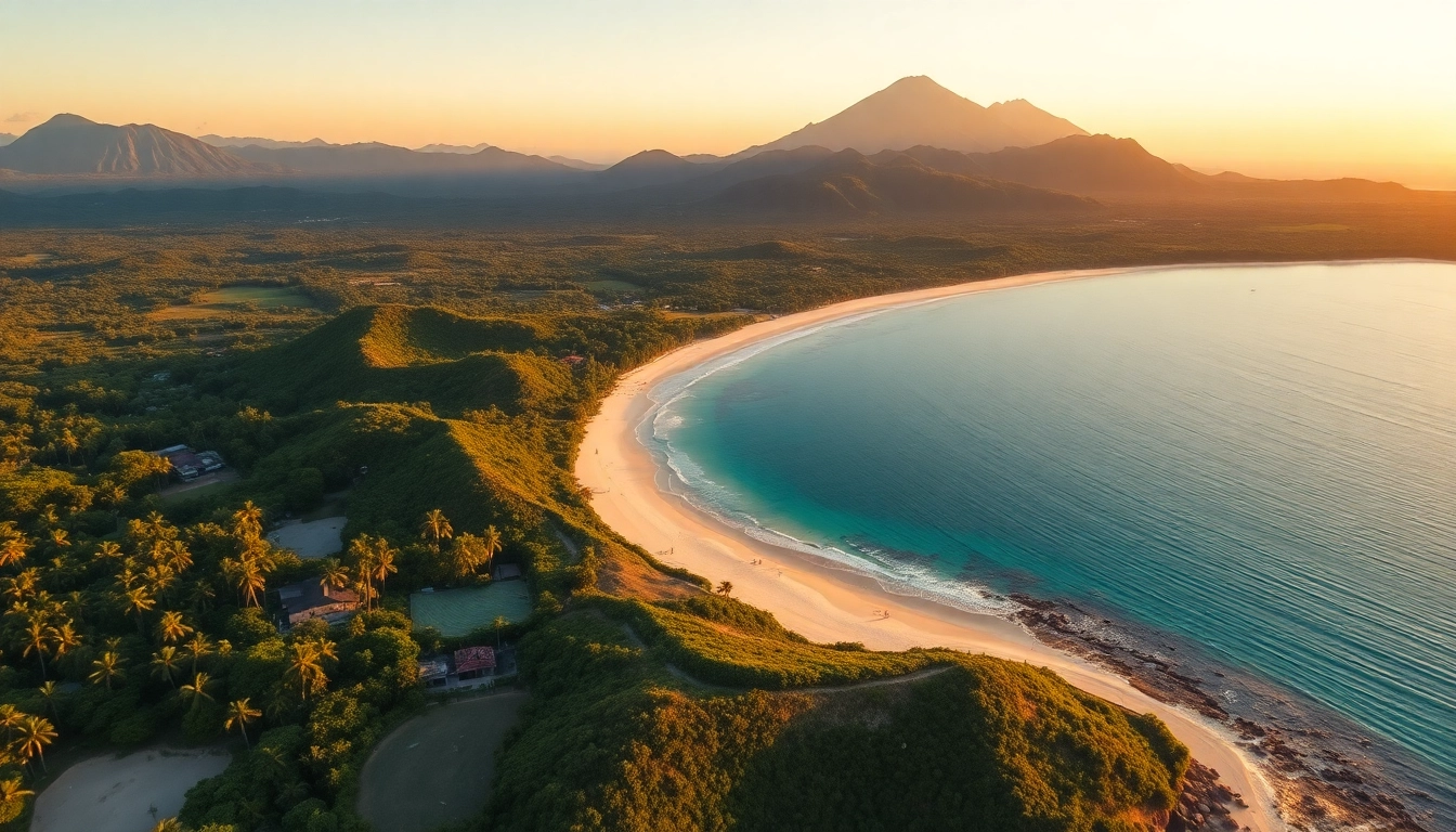 Lombok's scenic coastline with pristine beaches and towering volcanic mountains, inviting adventure.