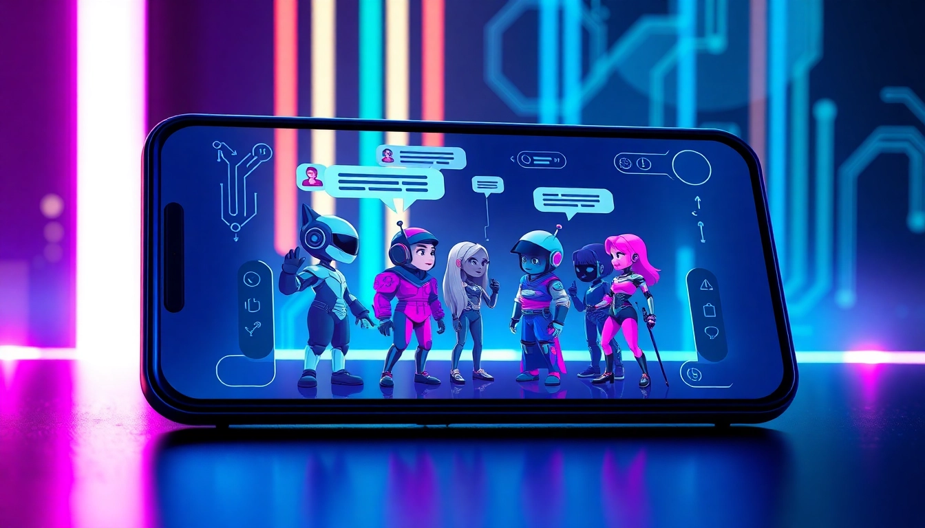 Illustration of AI characters engaging in conversation on a futuristic digital device with vibrant neon colors and tech-inspired background.