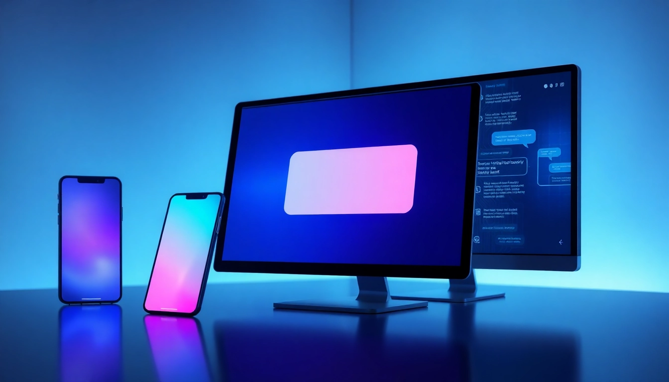 A futuristic AI chat interface displayed across multiple devices in a modern workspace with glowing screens and digital textures.