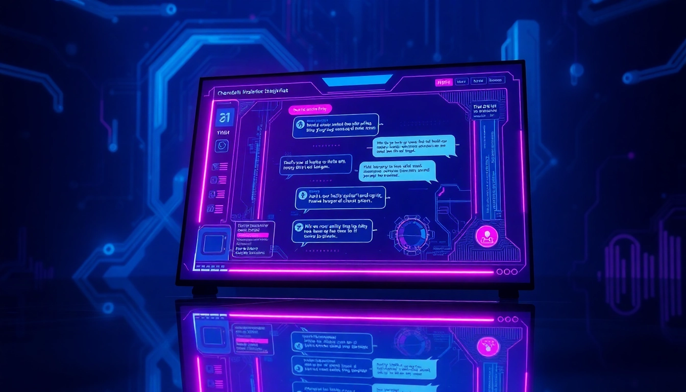 Futuristic AI chatbot interface with neon accents and digital chat windows on a sleek screen.