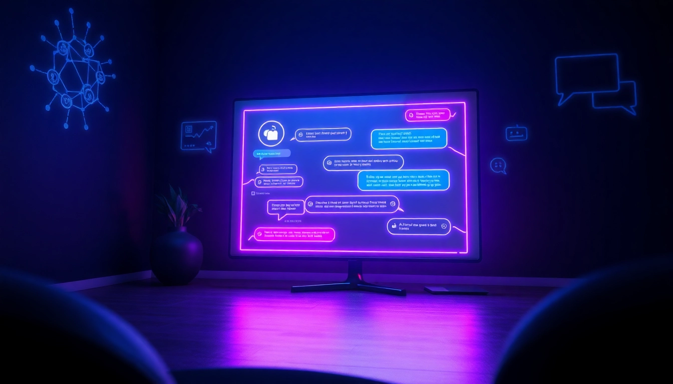 Futuristic chatbot interface with neon accents on a modern screen in a dark, reflective room.